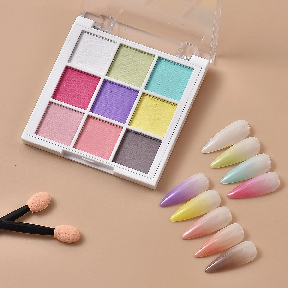 9 Colour Ombre Pressed Pigment Nail Powder Palette - Light
