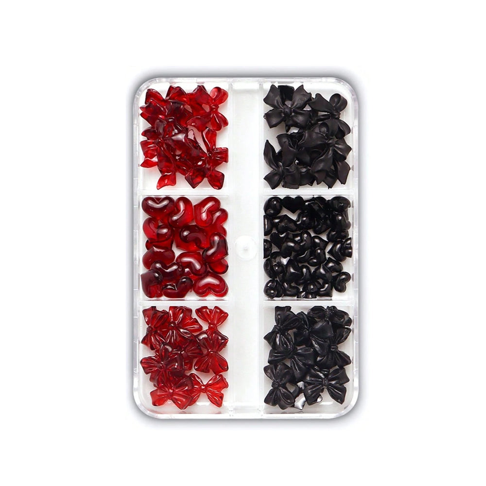 3D Bows & Hearts Nail Art - Red & Black - 90 Pack