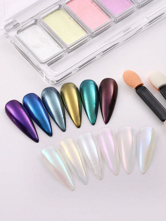 6 Colour Chrome Pressed Pigment Nail Powder Palette - Mermaid