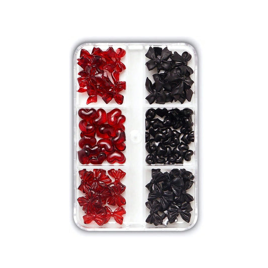 3D Bows & Hearts Nail Art - Red & Black - 90 Pack