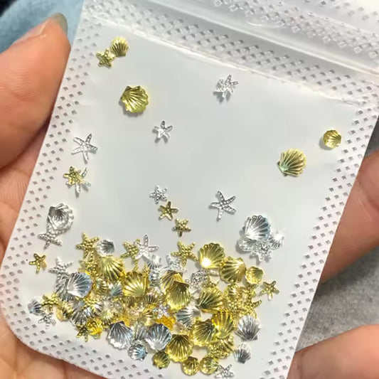 3D Shells & Starfish Nail Art - Gold & Silver - 100 pcs